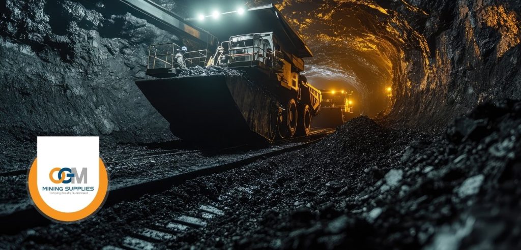 Underground blast hole showing tamping and stemming material for controlled mining blasts