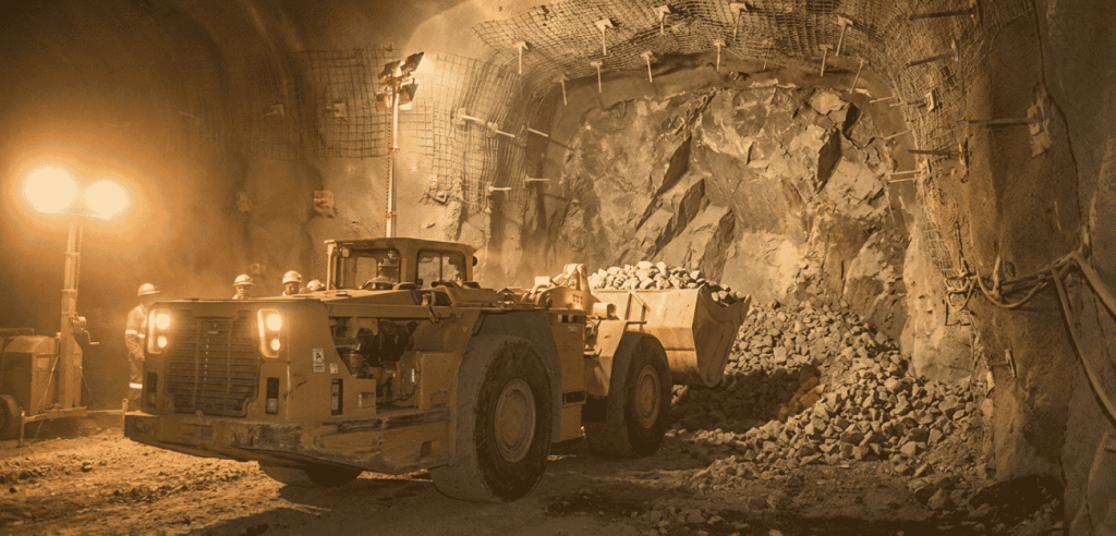 Underground mine LHD loading consistently fragmented rock after a controlled blast using tamping products.